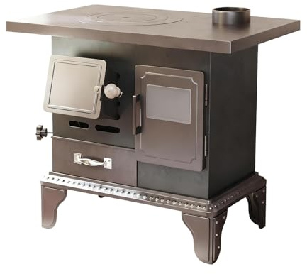 Mini estufa de leña de interior con horno para cocinar y hervir agua, acero al manganeso con barras de rejilla de hierro fundido y cajón para cenizas