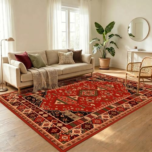 WUTONG Rosso Tappeto Salotto Lavabile in Lavatrice 140x200 cm,Tappeto Vintage Orientali Antiscivolo,Tappeti a Pelo Corto Soffice per Soggiorno e Salone