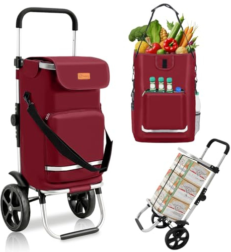 Sekey Einkaufstrolley klappbar für Senioren, | XXL Einkaufswagen faltbar mit Kühlfach, 3in1 Trolley Einkaufstrolley mit Schultertasche, kein Tragen mehr, Rot