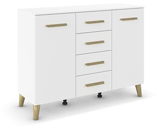 Rauch Möbel ADITIO, Kommode, Farbe Weiß, Breite 120 cm | Sideboard im Skandi-Design, 2-türig, 4 Schubladen, Soft-Close, Massivholz Griffe und Füße, für Schlafzimmer, Wohnzimmer, Flur