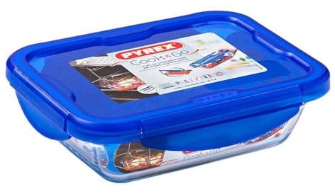 Pyrex Cook & Go - Recipiente rectangular de vidrio con tapa 100% hermética, para contener alimentos, apto para horno y microondas, 20 x 15 cm, capacidad de 0,8 l