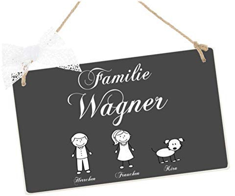 Türschild Familie Klingelschild Türschild personalisiert Familienschild Vornamen und Figuren, Haustürschild aus Holz in Grau Weiß, Geschenk zum Umzug Hochzeit Geschenk Baby Manufaktur Liebevoll