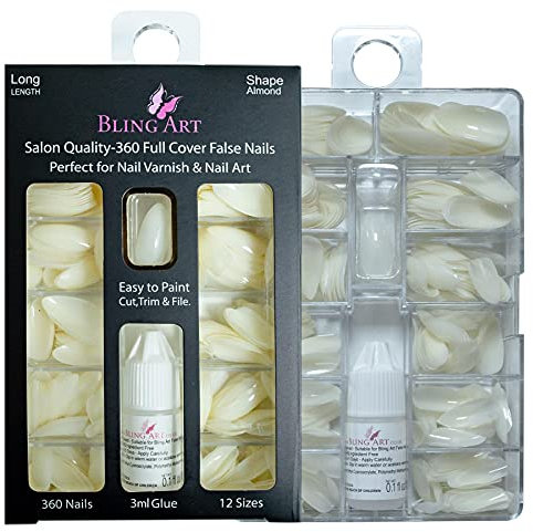 Bling Art False Nails 360 Stiletto Almond Long False Salon Nails Natural White Acrylic Fake Nail Tips with glue
