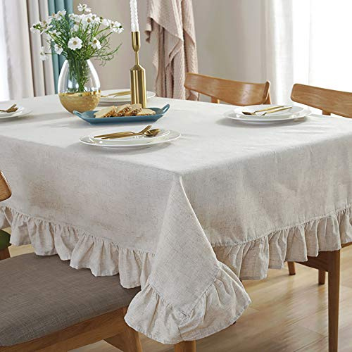 Lanqinglv Beige Baumwolle Leinen Tischdecke Abwaschbar Rechteckig Tischdecke 140x200cm Rüschen Einfarbig Gartentischdecke Couchtisch Outdoor Tischtuch Vintage Hochzeit Dekoration (140x200,BE)