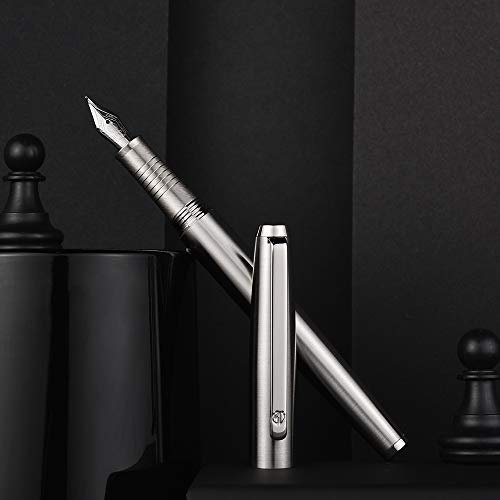 HongDian 517S Stainless Steel Bent Nib Fountain Pen, Noble Silver Fude Nib calligraphy pen Writing Gift