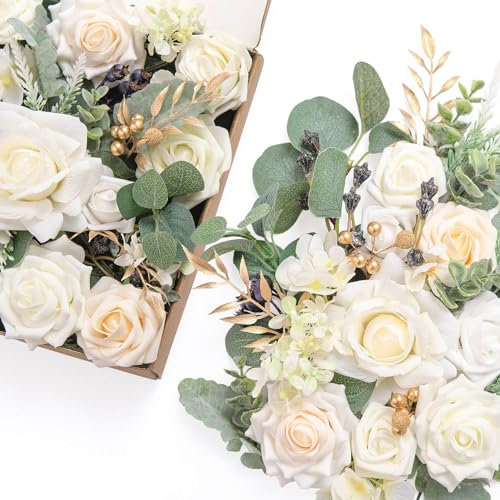 Ling's Moment Weiße Blumen Künstliche, Elfenbein & Creme Gefälschte Blumen Eukalyptus Grün Combo Box Set für DIY Hochzeit Brautstrauß, Tafelaufsätze, Wohnkultur, Blumenarrangement Dekor, etc.