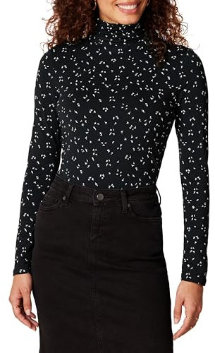 Amazon Essentials Maglione a Collo Alto a Maniche Lunghe (Disponibile in Taglie Forti) Donna, Nero Bianco Motivo di Foglie, L
