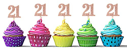 Sumerk 36PCS Rose Gold Glitter 21 Cupcake Toppers 21th Birthday Cupcake Picks Anniversary Birthday Party Decoration Supplies
