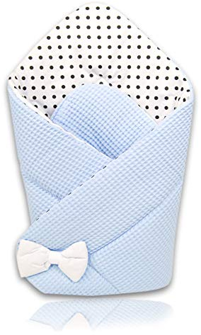 PIMKO Einschlagdecke Babyhörnchen Schlafsack Decke Wickeltuch für Neugeborene und Kleinkinder Kuschelweich Praktisch Wickeldecke Umschlagdecke 75 x 75 cm Tolles Muster 100% Baumwolle (Baby blue)