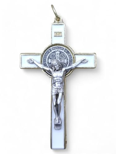 La Balestra Crocifisso per Collana, Croce di San Benedetto Made in Italy - Pendente Artigianale Crocifisso Placcato Oro 18K, Corpo di Cristo in Metallo - Medaglia San Benedetto (Bianco)