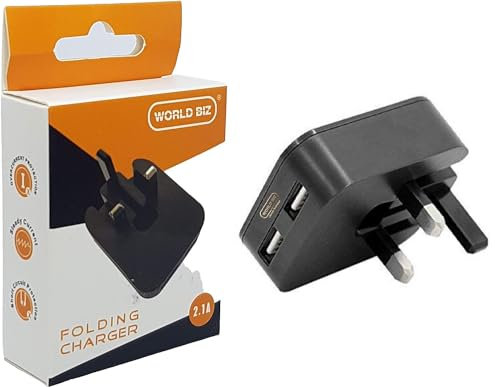 WorldBiz - 2 Port Foldable Dual USB Wall Charger | 2.1A Black Mains Plug for iPhone Xs/XS Max/XR/X/8/7/6/Plus, iPad Pro/Air 2/Mini 4, and More