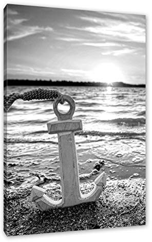 Pixxprint Anker am Ostseestrand im Sonnenuntergang, Monochrome, Größe: 80x60cm, Leinwandbild, fertig gespannt, Wandbild, Dekoration, Kunstdruck, kein Poster