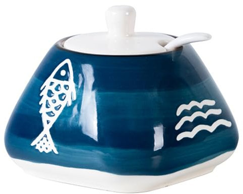 KKGUD Cute Hand-Painted Sugar Bowl, Seasoning Jar, Ceramic Condiment Pot for Restaurant Kitchen Decor- Fish Pattern, 300ml