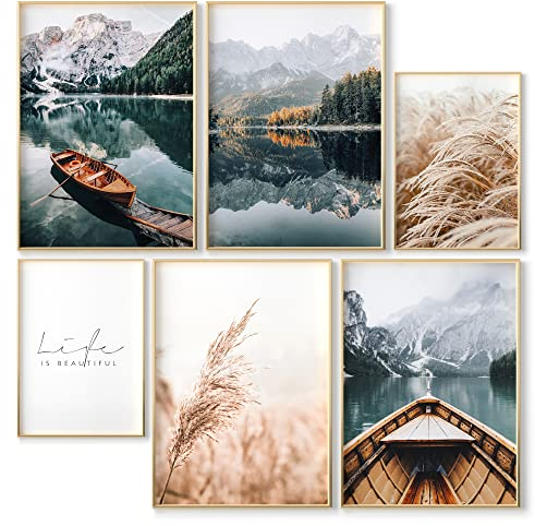 OHBIMBA® Sets Von 6 Poster & Kunstdrucke Zum Einrahmen - Zimmer Deko Und Wanddeko Wohnzimmer - Boho Deko und Bilder Schlafzimmer - Strand Wanddeko - Größe 4X A3 + 2X A4 (Boat Pampas)