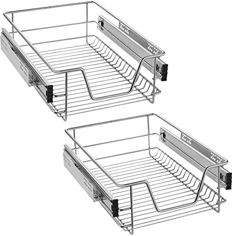 NAIZY 2x Teleskopschublade 40cm Breite anwendbar Küchenschublade Silber Küchen Regal aus Massiver Edelstahl Schrankauszug Küchenschrank (Tatsächliche Breite 37cm, 2 Stück)
