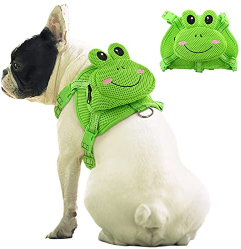 IDOMIK Hunde-Rucksack, No-Pull-Haustiergeschirr, Weste mit Satteltasche, Rucksack, niedliche Frosch-Form, verstellbare Welpen-Netztasche mit D-Ring für kleine, mittelgroße Hunde
