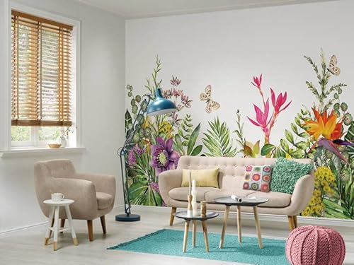 Fototapete Blumenwiese Sommer mit Schmetterlingen grün pink lila orange weiß | 3,50 x 2,55 m