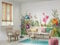 Fototapete Blumenwiese Sommer mit Schmetterlingen grün pink lila orange weiß | 3,50 x 2,55 m
