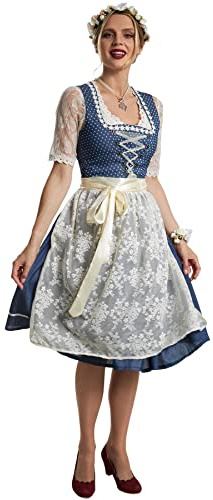 dressforfun Dirndl Damen Midi, Trachtenkleid im klassischen Look, Dirndlkleid mit Blumenkette und Schürze, Trachtenrock Trachtenmode Damen für Oktoberfest, mit Dirndl Bluse kombinierbar, blau/weiß