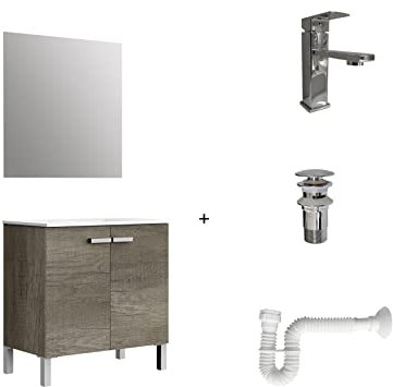 Baikal Pack solución Completa, Incluye: Mueble de Baño, Lavabo cerámico, Grifo, Sifón Extensible y Válvula de desagüe, Mueble MONTADO, Entrega Todo en uno, 2 Puertas con Espejo 80 cm Nebraska