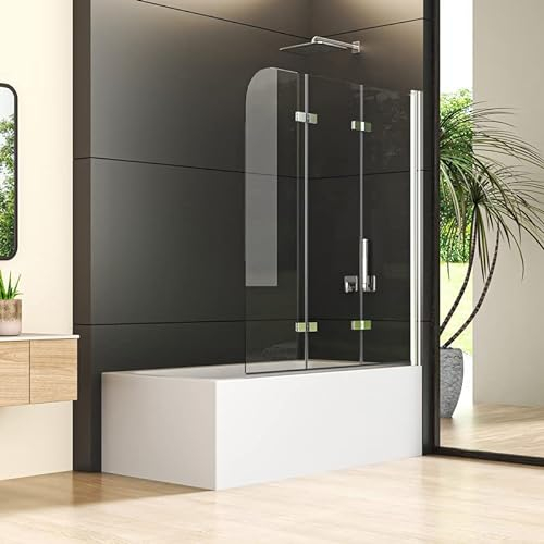 Goezes Faltbar Duschwand für Badewanne 130x140cm 3-teilig, Helles Silber Duschtrennwand Badewannenaufsatz, Chrom Dreifaltigkeitstür Duschabtrennung, 6mm Nano ESG Glas