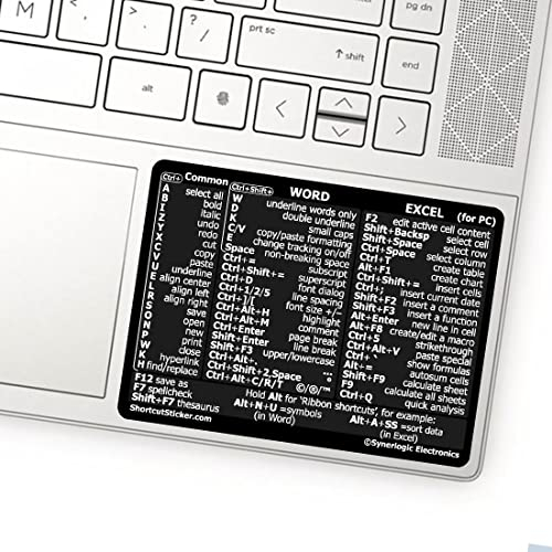 SYNERLOGIC (2 pcs) Word/Excel (for PC) Keyboard Shortcuts Stickers | No-Residue Laminated Vinyl Cheatsheet Windows Keyboard Stickers 86 x 64mm (Black, Small, 2 pcs)