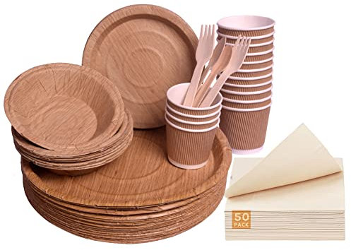 Zig Zag Set di 50 stoviglie usa e getta compostabili Eco Friendly include piatti di carta, ciotole, forchette, coltelli, cucchiai, tazze e carta velina per 50 ospiti Set di piatti resistenti (50)