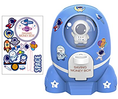 GmeDhc Sparschwein Groß, Sparschwein Rakete Astronaut, Spardose Kinder Mädchen Junge, Spardose Groß Personalisiert, Sparbüchse mit Cartoon-Aufkleber und Schlüssel Entsperren