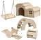 Zasvec Hamster Spielzeug Set: 5 Stck Holz-Spielzeug fr Hamster, Meerschweinchen & Co. - Inkl. Haus, Brcke, Wippe, Schaukel & Glockenrolle - Fr kleine Haustiere & zur mentalen Stimulation