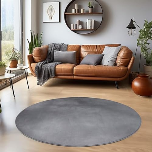 HomebyHome Kurzflor Teppich Wohnzimmer 200 cm Rund Grau - Waschbarer Teppich für Schlafzimmer, Esszimmer und Ideal als Küchenteppich - Flauschiger Teppich Extra Weich, Einfarbig, rutschfest, Modern