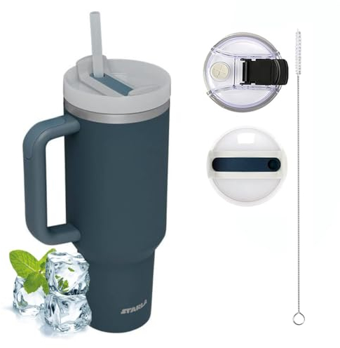 STARLA Thermobecher mit Strohhalm und Henkel 1,2l groß, 2 Deckel, auslaufsicher, Edelstahl Isolierbecher Kaffeebecher To Go Wasserbecher Getränkebecher Reisebecher Trinkbecher mit Griff (Stormy Sea)