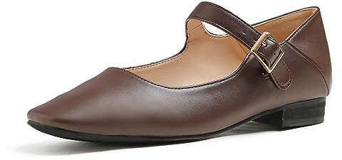 Feversole Women's Mary Jane Fashion Square Toe Easy Buckle Low Heel Slip On Flats Brown Vegan Leather Size 6 UK