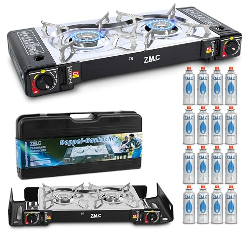ZMC Camping Gaskocher 2-flammig inkl. Adapter für LPG Anschluss + 16 Gaskartuschen 227g + Aufbewahrungskoffer, Wärmeleistung: 2,5KW, Campingkocher mit Piezozündung für Outdoor und Innenraum