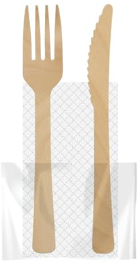 100 Posate in legno forchetta, coltello e tovagliolo imbustati. Posate resistenti, interamente biodegradabili, ecologici, usa e getta. 100 posate monouso superficie liscia sicure anche per bambini