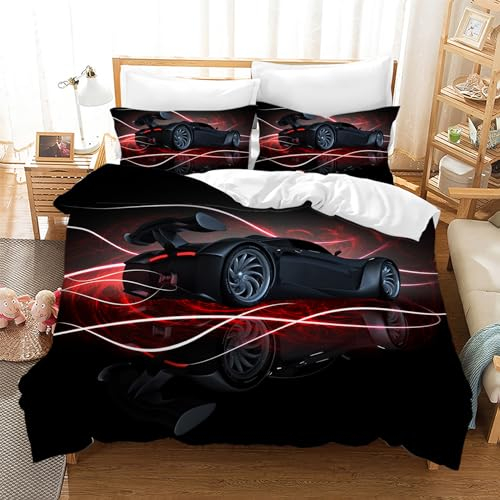 Leleyouzer Rennwagen Bettwäsche Set für Jungen,Extreme Sport Dekor Bettwäsche Set für Kinder mit Reißverschluss und 2 Kissenbezug 50x75cm (Rennwagen 1, 135×200 cm)