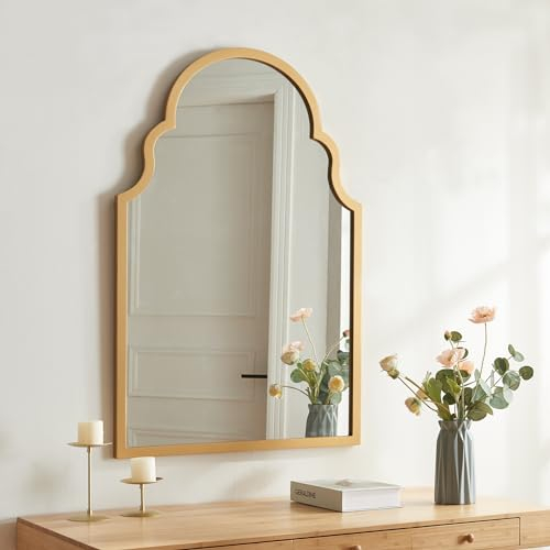 [en.casa] Miroir Mural Design Classique Miroir Arche Style Intemporel Miroir Fenêtre pour Salon Chambre Bureau Salle de Bain MDF 90 x 60 cm Or