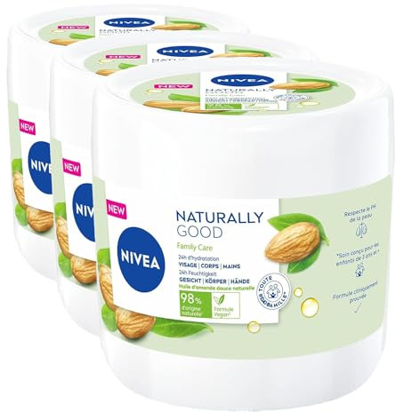 NIVEA NATURALLY GOOD Family Care Crème multi-usage pour toute la famille (1 x 450 ml), Crème 3-en-1 enrichie en huile d’amande douce 100% naturelle, Crème visage- corps–mains (Lot de 3)