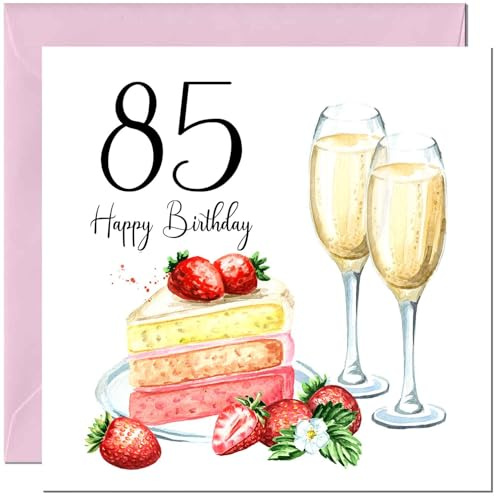 Geburtstagskarte zum 85. Geburtstag für Frauen – Erdbeeren und Kuchen – Damen-Geburtstagskarte für 85 Jahre alte Frau, 85. Geburtstag, Mutter, Oma, Schwester, Tante, Nichte, Nanny für ihre Mutter,