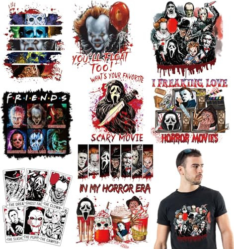 BANBBUR 9 Sheets Halloween Iron on Transfers for T-Shirts, Horror Movie Iron on Patches Sticker, DTF Transfers Ready to Press, Vinyl Fabric Iron-On Transfers