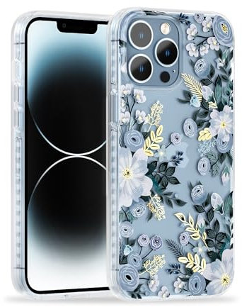 SCORPIFY for iPhone 13 Pro Max Case with Blue Nemophila Floral Design, Cute Clear Flower Phone Cover for Women Girls, [Non Yellowing] Slim Shockproof Bumper with Gold Accents