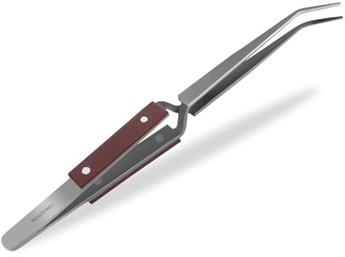 Kreuzpinzette Löt-Pinzette mit gezahnter Spitze als Klemmpinzette 16,5 cm | Edelstahl Technische Pinzette Schmuckpinzette abgewinkelt mit isoliertem Hartfaser Griff und innengeriffelter Spitze