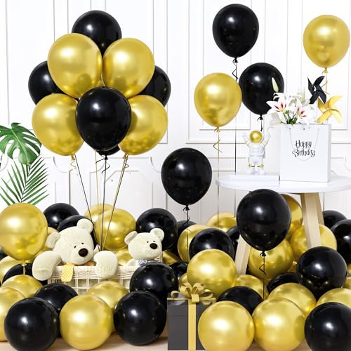 Unisun Luftballons Schwarz und Gold, 60Stück 12Zoll Ballons Matt Schwarz Gold Latex Luftballon Junge Mädchen Männer Frauen Babyparty Geburtstag Hochzeit Jubiläum Abschlussfeier Verlobung Bachelor Deko