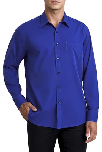 HISDERN Men's Royal Blue Dress Shirt Long Sleeve Regular Fit Business Bamboo Fiber Shirt Casual Wrinkle-Free Shirt with Pocket,M