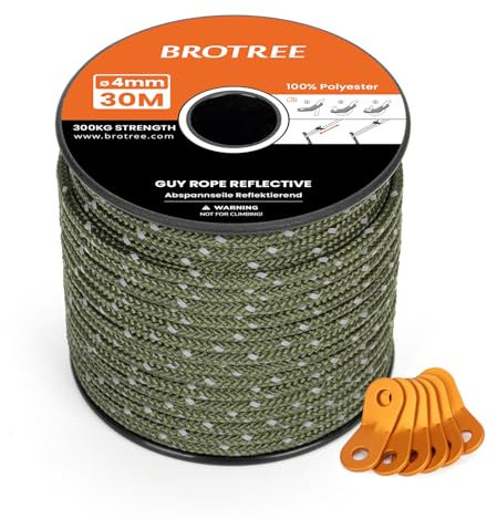 Brotree Cuerda Tienda Campaña Reflectante 4mm 30m Cuerda Tensora con 6 x Tensores de Cuerda para Tienda, Toldo, Camping (Reflectante Verde Militar)