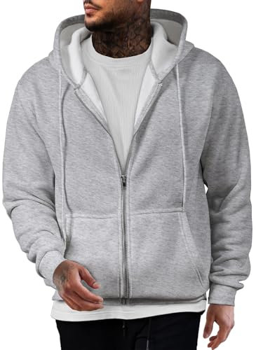 JMIERR Hoodie Herren Einfarbig Baumwolle mit Reißverschluss Pullover Langarm Sweatjacke Kapuzenpullover Sweatshirt,Hellgrau M
