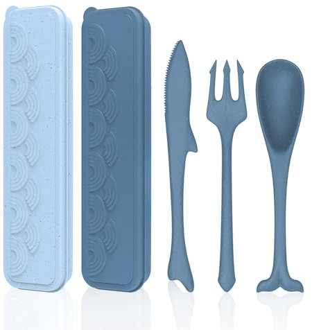 Reusable Camping Cutlery Set, Fish Shaped Travel Utensils With Case, Plastic Camping Cutlery Set for 2, Reusable Plastic Forks And Spoons Sets for Kids Adults Picnic Outdoor Use(Dark Blue, Light Blue)