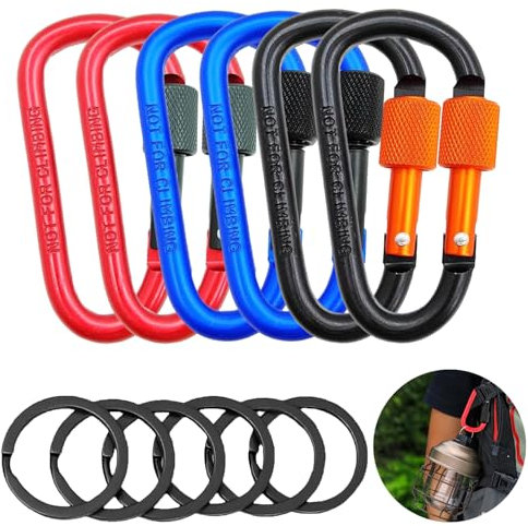 6 Pcs Locking Carabiner Clips, Aluminum Alloy D-ring Carabiners Clip with Screw Lock, Heavy Duty Lightweight D Ring Clips for Gym Hammocks Yoga Swing Camping Keychain Locking Dogs Multicolor