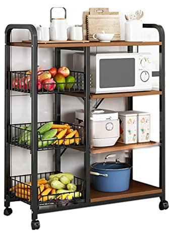 Estante de cocina con soporte de almacenamiento, carrito rodante y cesta de alambre, marco de metal, estante organizador para horno microondas, acabado negro y plateado
