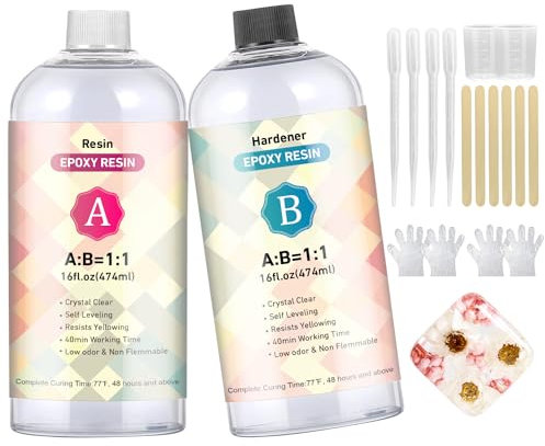 Epoxy Resin Kit - 32oz/948ml Upgrade Formula Resin Kits for Beginners Crystal Clear Epoxy Resin Glue Moulds, High Gloss Transparente Uv Resin Keyring Jewelry River Table Tops DIY Art Kit