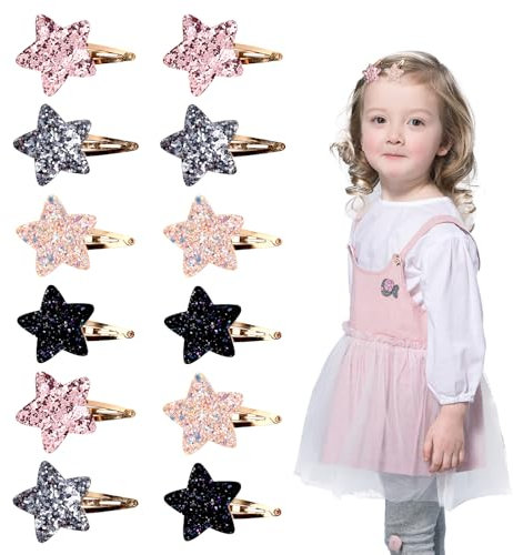 VARKAGE 12 Stück Niedliche Haarspangen Mädchen Weihnachten, Snap Haarspangen Mädchen Glitzer aus Metall, Haarclips Mädchen mit Glitzernden Sternen für Kinder, Mädchen und Madame